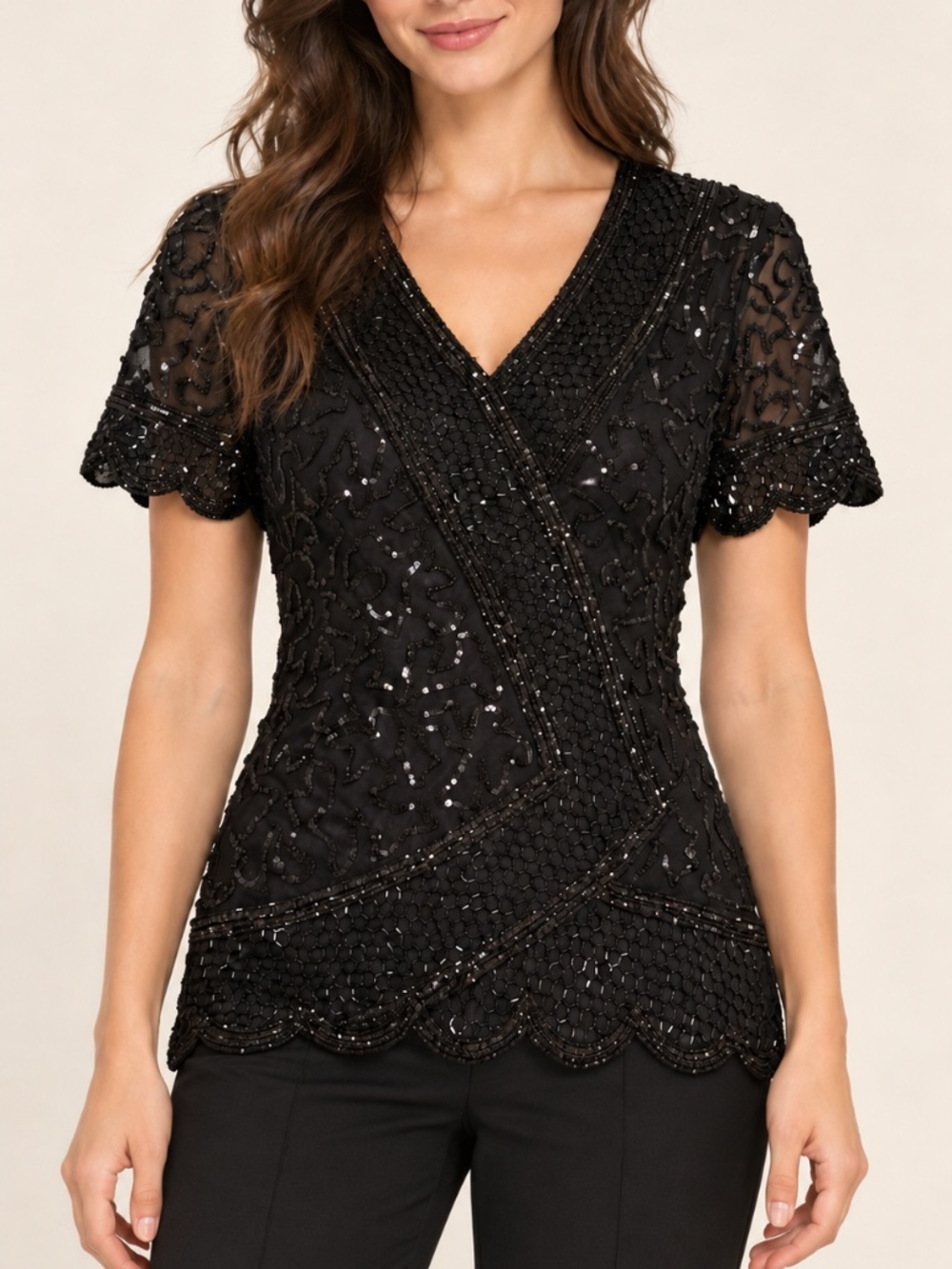 NWT Lawrence Kazar Black Beaded Sequin Top Size 8